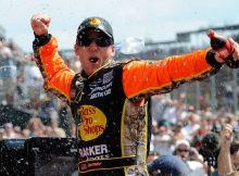 Jamie McMurray celebrates his Brickyard 400 victory at Indianapolis Motor Speedway. He became the third driver to win the Brickyard and the Daytona 500 in the same season. Credit: John Harrelson/Getty Images for NASCAR